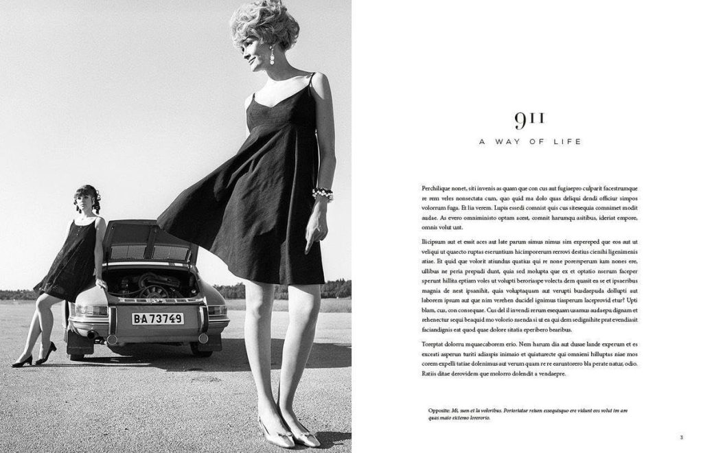 Black-and-white fashion editorial: two women in black dresses pose beside a vintage car; opposite page shows '911 A WAY OF LIFE' article.