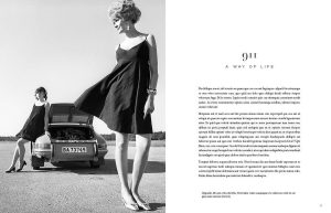 Black-and-white fashion editorial: two women in black dresses pose beside a vintage car; opposite page shows '911 A WAY OF LIFE' article.