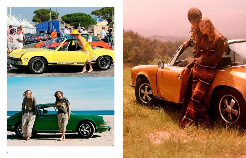 Three-panel collage of vintage cars and people: yellow Porsche at a car show with a woman in a yellow dress in the foreground.