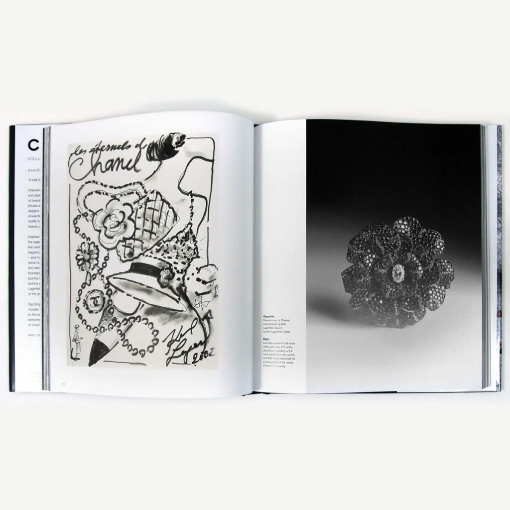 Open art book showing a black-and-white doodle on the left page and a grayscale bead sculpture on the right page; left features a hat, flowers, and chain-like lines, right shows a clustered spherical bead form against a gradient background.
