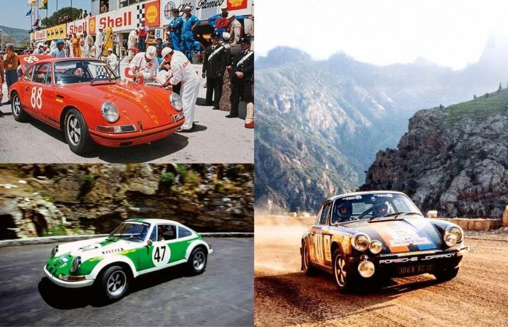 Collage of three vintage rally cars: a red Porsche 88 with pit crew nearby, a white-green Porsche 47 racing on a mountain road, and a dark Porsche on a cliffside rally