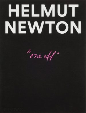 Book cover for Helmut Newton: 'one off' — black background, bold white title at top, pink handwritten subtitle in the center.