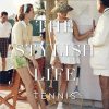 Vintage fashion shoot at a tennis club: three people in retro outfits with rackets, large overlay text THE STYLISH LIFE TENNIS.