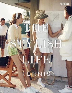 Vintage fashion shoot at a tennis club: three people in retro outfits with rackets, large overlay text THE STYLISH LIFE TENNIS.