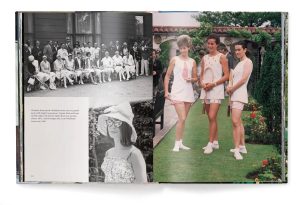 A two-page spread showing vintage black-and-white group photo on the left and three women in white tennis outfits posing with racquets on a garden lawn on the right.