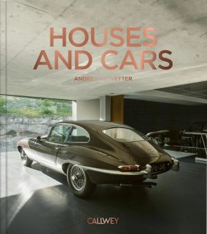 Poster showing a vintage car inside a modern showroom with a coral title reading 'HOUSES AND CARS' across the top and a small author line underneath.