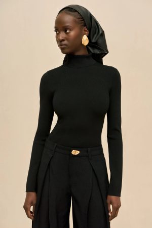 Portrait of a woman in a black turtleneck and black headscarf with a large gold teardrop earring, looking to the side.