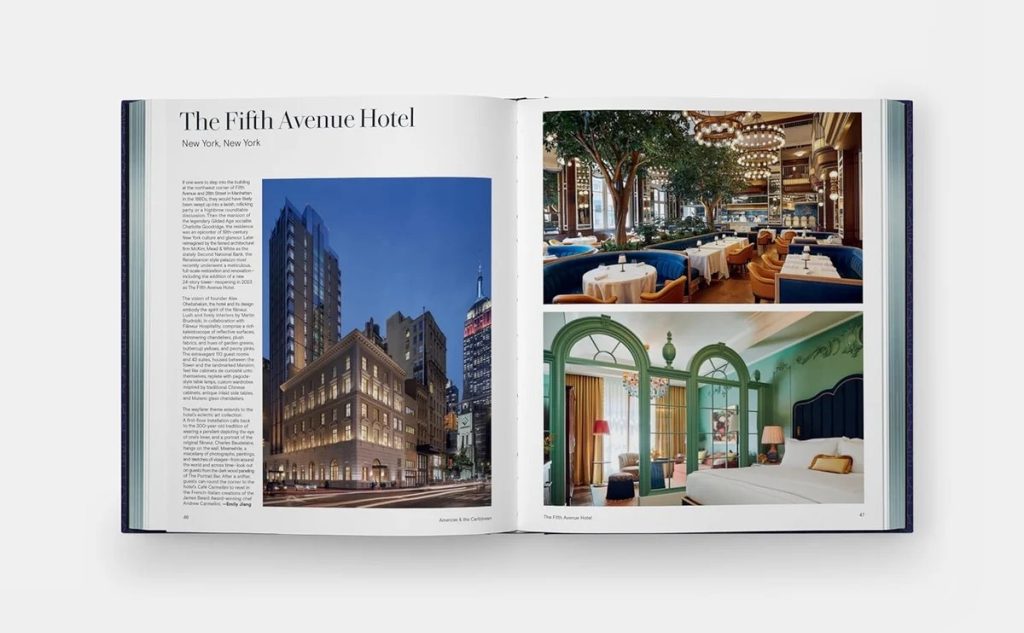 Magazine spread titled The Fifth Avenue Hotel; left page shows a tall brick hotel on a city street, right page shows two interior photos (restaurant lounge and bedroom with green arches).