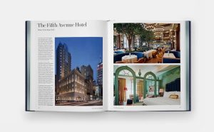Magazine spread titled The Fifth Avenue Hotel; left page shows a tall brick hotel on a city street, right page shows two interior photos (restaurant lounge and bedroom with green arches).