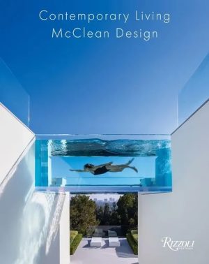 Glass-bottom pool tunnel across a white modern outdoor space; a person swims underwater, with a garden lounge area visible below and the Rizzoli New York logo in the corner.