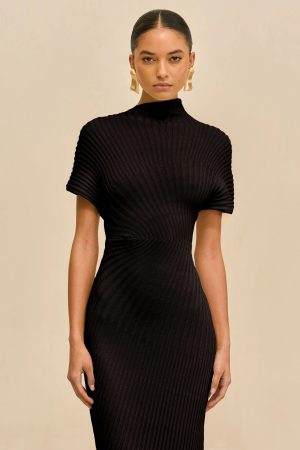 Woman wearing a black ribbed high-neck dress posing against a beige backdrop, studio portrait.