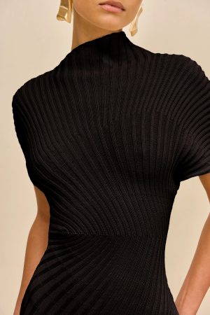 Close-up of a person in a black ribbed knit top with a high neck against a beige background.