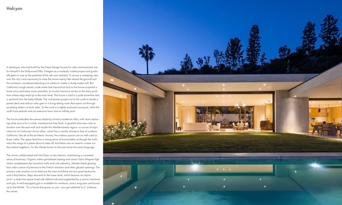 Image 48 - New Trend Two-page spread: left column dense text under 'Halcyon' and a modern house with a lit living area and pool in twilight on the right.