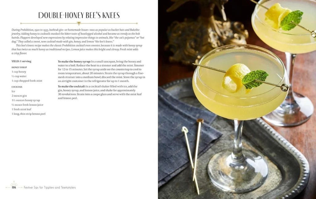 Two-page spread: left shows ingredients and directions for Double-Honey Bee's Knees; right displays a yellow cocktail in a coupe with lemon twist garnish.