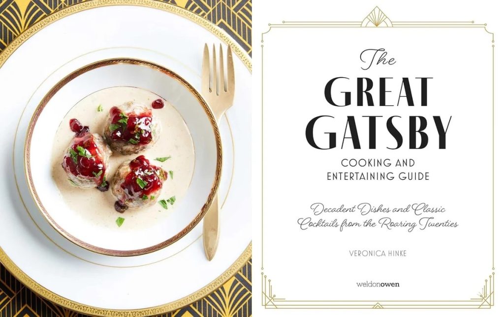Left: plated meatballs in cream sauce on a gold-rimmed charger beside a Gatsby-themed cookbook cover with elegant typography and border details.