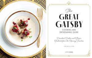 Left: plated meatballs in cream sauce on a gold-rimmed charger beside a Gatsby-themed cookbook cover with elegant typography and border details.