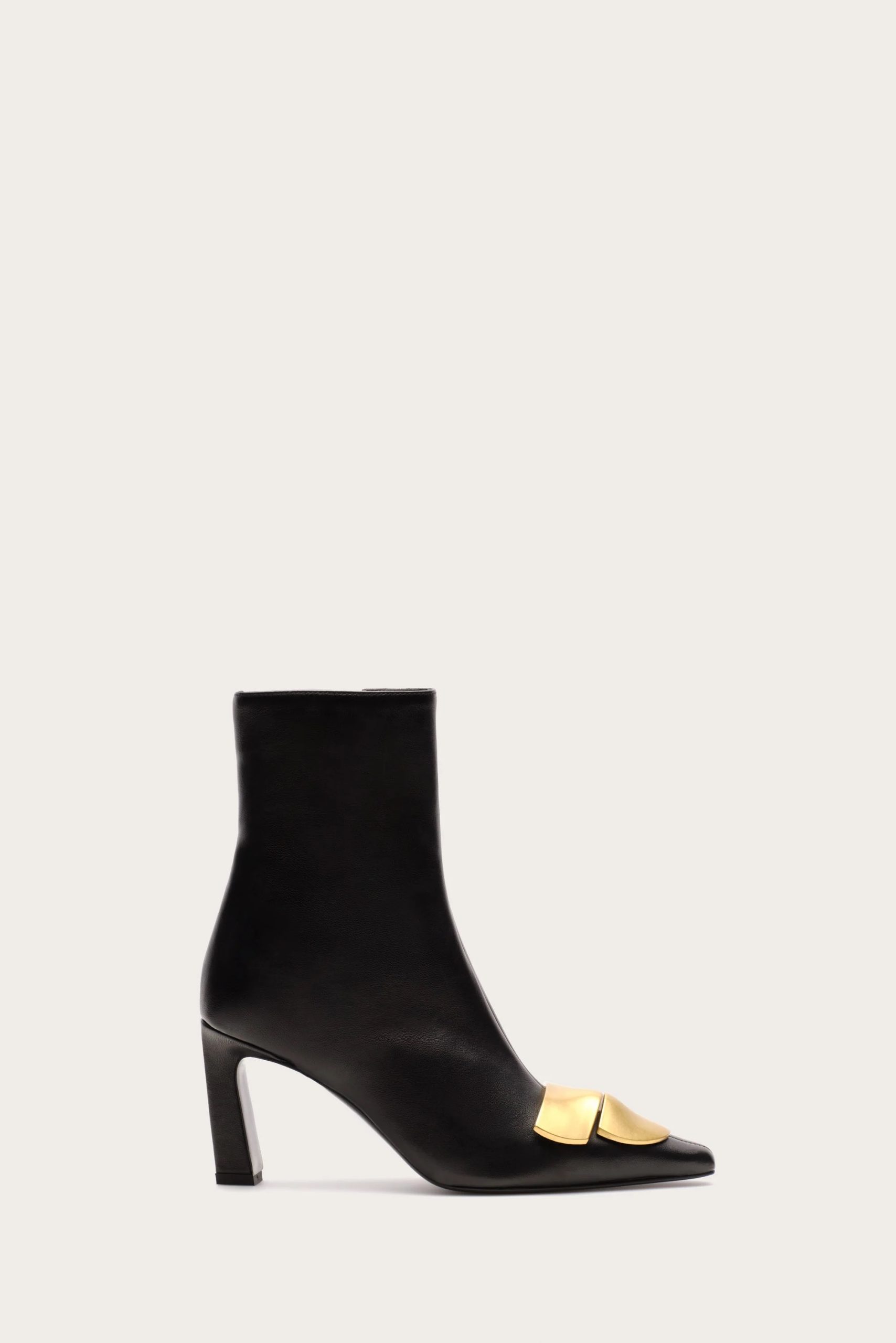 Image 516 - New Trend Black leather ankle boot with a gold-tone buckle detail across the vamp and a high sculpted heel