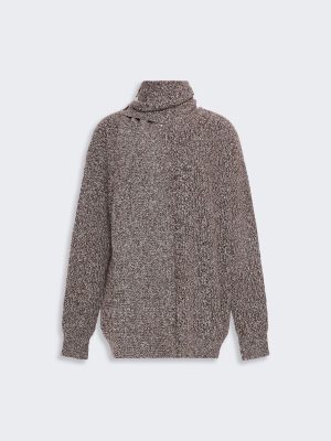 Back view of a brown marled knit turtleneck sweater with long sleeves.