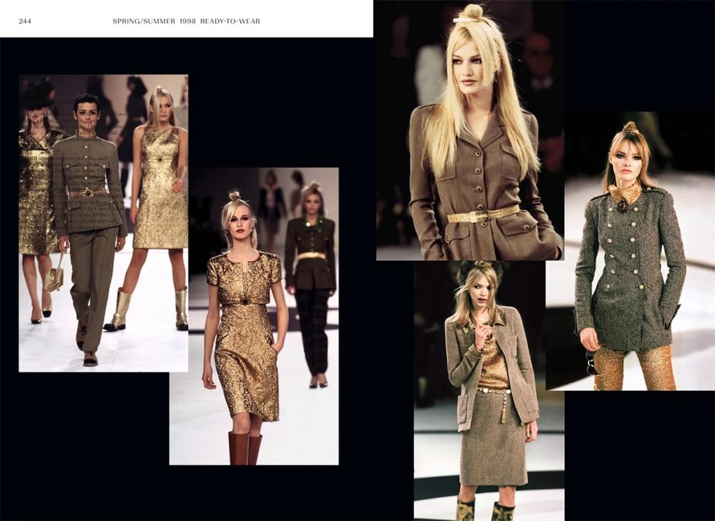 Collage of models walking a runway in gold and beige outfits from Spring/Summer 1998 Ready-to-Wear collection.