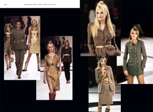 Collage of models walking a runway in gold and beige outfits from Spring/Summer 1998 Ready-to-Wear collection.