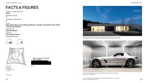 Two-page spread: left page shows 'Facts & Figures' with project data; right page features a modern villa exterior at dusk (top) and a silver sports car inside a metallic showroom (bottom).