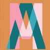 Geometric travel poster for Amalfi Coast with bold abstract letter A in pink, teal, and orange on an orange background.
