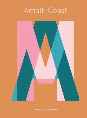 Geometric travel poster for Amalfi Coast with bold abstract letter A in pink, teal, and orange on an orange background.