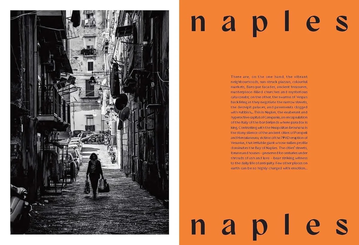 Image 61 - New Trend Split-page layout: left black-and-white photo of a narrow Naples street with a person walking, cars and balconies lining the alley; right orange page with 'naples' in large letters at top and bottom and a block of small text.