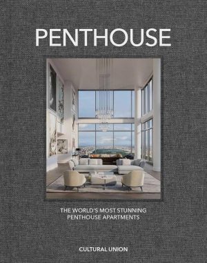 Cover image advertising penthouse apartments showing a spacious living room with floor-to-ceiling windows and a chandelier in a city view setting.