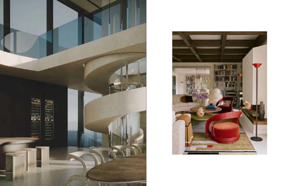 Two interior spaces: left shows a modern glass-walled area with a sweeping spiral concrete staircase; right shows a cozy living room with a red chair, bookshelves, and a tall floor lamp.