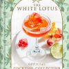 Cocktail in a coupe glass with an orange flower garnish, tropical background, and The White Lotus Official Cocktail Collection text.