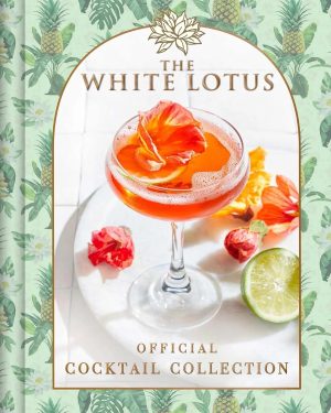 Cocktail in a coupe glass with an orange flower garnish, tropical background, and The White Lotus Official Cocktail Collection text.