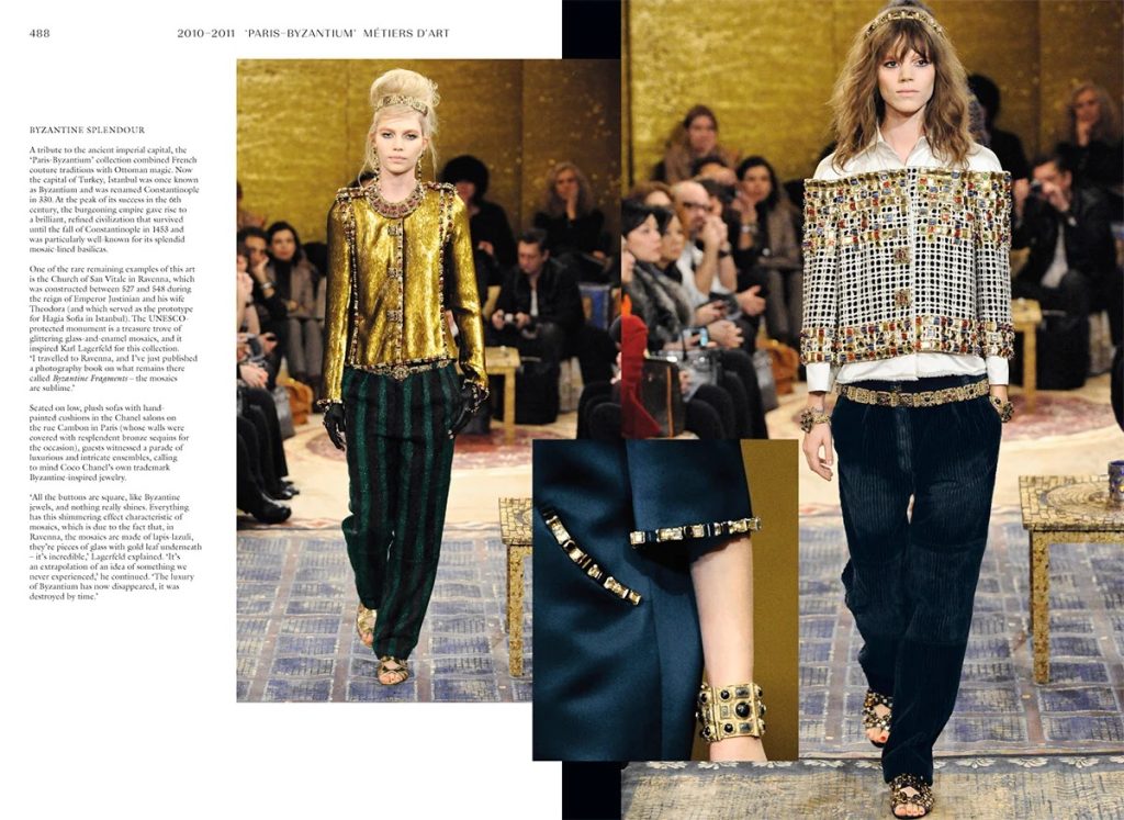 Runway collage from a Byzantium-inspired couture show featuring models in gold embellished jackets, velvet pants, and jeweled accessories in front of an audience.