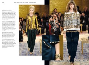 Runway collage from a Byzantium-inspired couture show featuring models in gold embellished jackets, velvet pants, and jeweled accessories in front of an audience.