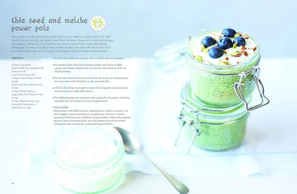 Recipe page layout featuring chia seed and matcha power pots: a glass jar of green matcha pudding topped with blueberries and nuts, with recipe text on the left.