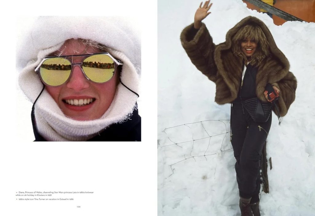 Winter fashion editorial spread: left image shows a person in a white knit hood and yellow mirrored sunglasses smiling in the snow; right image shows a person in a brown fur coat posing outdoors in the snow.