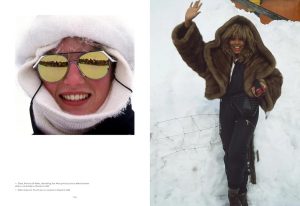 Winter fashion editorial spread: left image shows a person in a white knit hood and yellow mirrored sunglasses smiling in the snow; right image shows a person in a brown fur coat posing outdoors in the snow.
