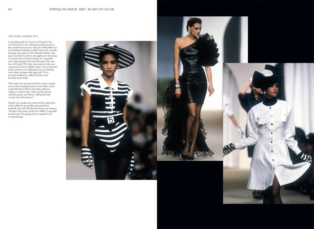 Chanel Spring/Summer 1987 ready-to-wear editorial: collage of three runway looks (striped hat look, black ruffled gown, white coat with gloves) on a dark background.