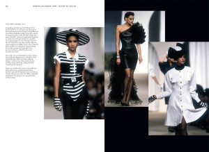 Chanel Spring/Summer 1987 ready-to-wear editorial: collage of three runway looks (striped hat look, black ruffled gown, white coat with gloves) on a dark background.