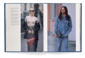 Two-page fashion spread: left shows a woman in a sheer top, dark coat, sunglasses, and a red handbag; right shows a man in a denim outfit with a patterned clutch on an urban street.