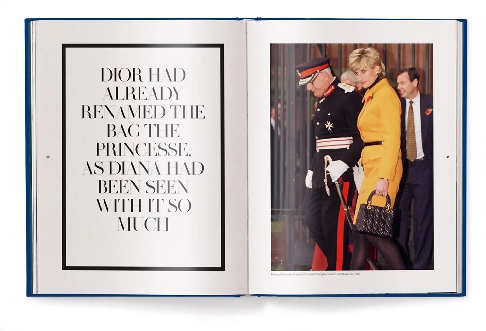 Open book with a framed quote on the left page and a photo of Princess Diana in a yellow suit on the right, carrying a black handbag.