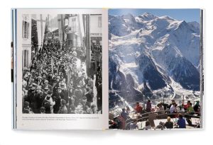 Open book showing a dense black-and-white crowd on the left page (1937 Chamonix scene) and a snowy mountain terrace with spectators on the right page.