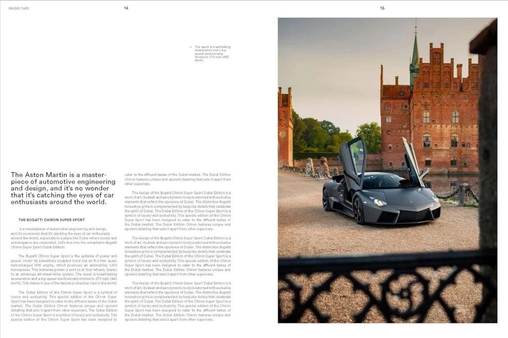 Spread about Bugatti Chiron Super Sport: gray supercar with doors open in front of a brick castle; left page filled with article text.