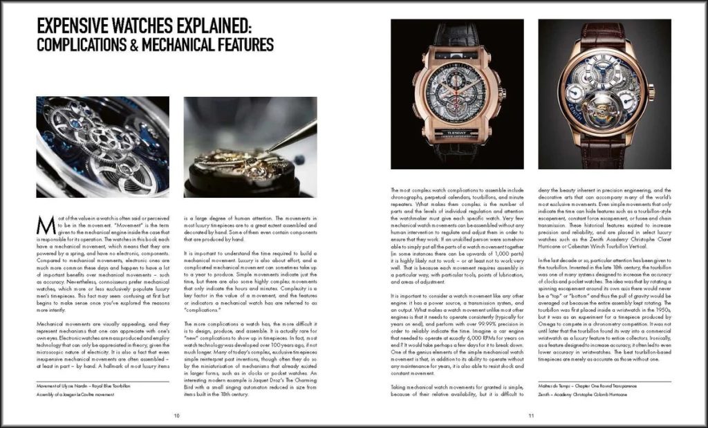 Two-page magazine spread titled Expensive Watches Explained: Complications & Mechanical Features, with four inset photos of watch movements and luxury timepieces on white borders.