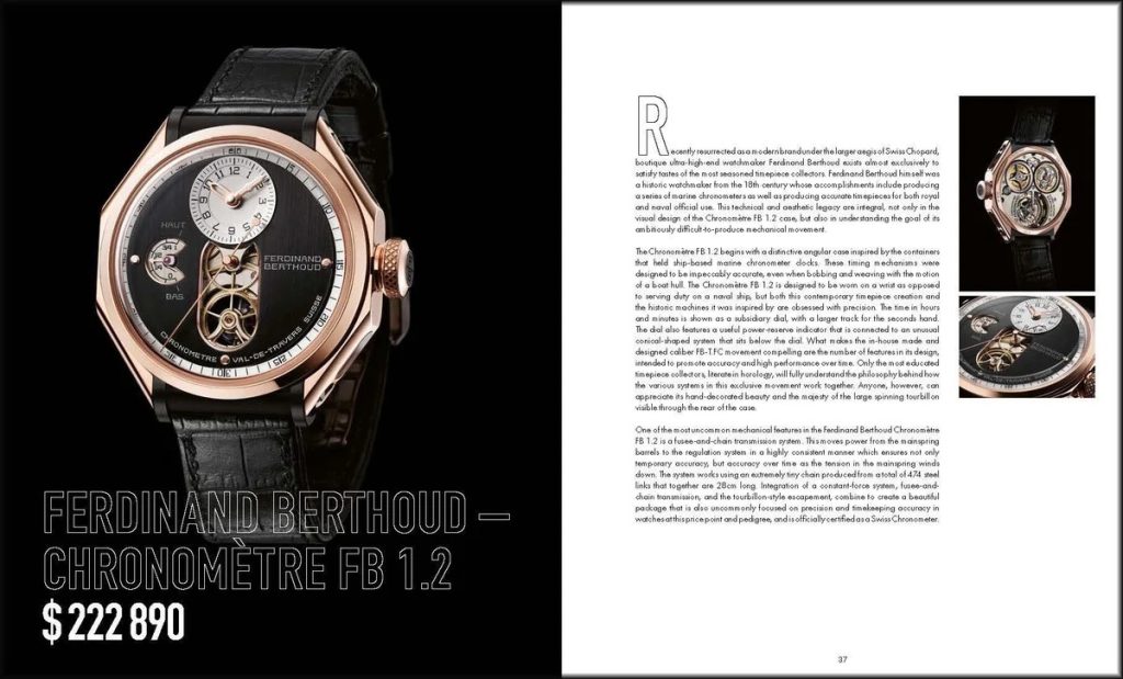 Advertisement showing a rose-gold Ferdinand Berthoud Chronometer FB 1.2 watch with a black leather strap and $222,890 price; right page contains a text article with small inset photos.