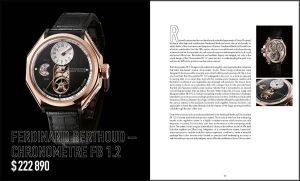 Advertisement showing a rose-gold Ferdinand Berthoud Chronometer FB 1.2 watch with a black leather strap and $222,890 price; right page contains a text article with small inset photos.