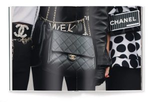 Close-up of a fashion spread showing black quilted Chanel purse with gold logo, flanked by two outfits featuring Chanel branding and bold polka-dot patterns on the right.