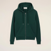 Dark green zip-up hoodie with drawstrings and front pockets on a light background