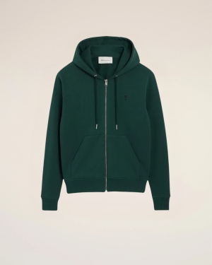 Dark green zip-up hoodie with drawstrings and front pockets on a light background